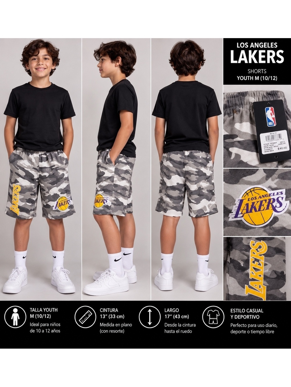 Los Angeles Lakers Youth Camo Shorts Size M (10/12) with Elastic Waistband